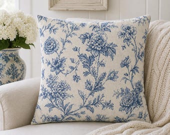 Blue Floral Toile Pillowcase | French Country Cottagecore Botanical Cushion