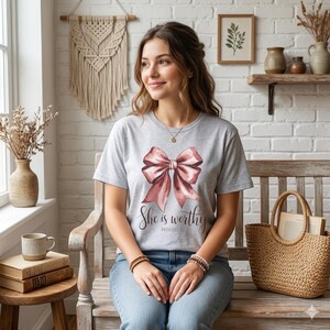 She Is Worthy Christian Shirt, Faith Based Graphic Tee,Bow Shirt, Bible Inspired Apparel, Feminine Christian Gift
