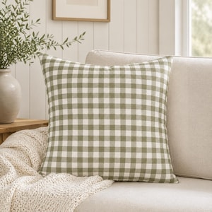 Taie d'oreiller carrée en toile poly à carreaux vert sauge | Coussin à carreaux style ferme