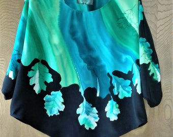 Hand Painted Silk Crepe de Chine Oak Leaf Crop Top Blouse in Emerald, Turquoise, Lime, Teal or other options