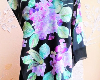 Hand Painted Silk Crepe de Chine Scarf with Purple Hydrangeas, Teal Green Leaves