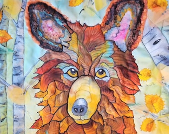 Hand Painted Silk Quilted Wall Art of a Bear in burnt orange, brown sienna, chocolate, gold, yellow, orange, seafoam, sea glass blue