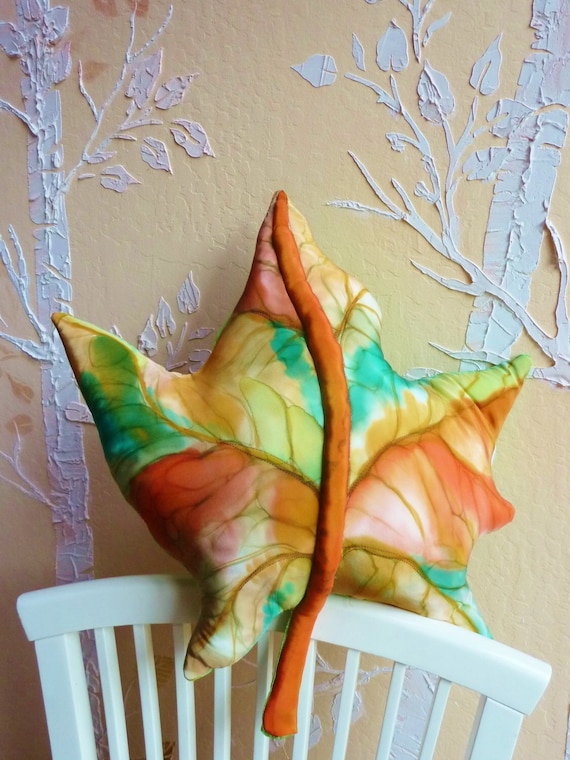 Fall Foliage Decorator Maple Leaf Throw Accent Pillow Hand Painted Silk in Autumn Colors of Pumpkin, Emerald Green, Lime Green, Orange