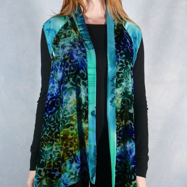 Womens Tunic/Vest of Devore Velvet, Hand Dyed, Silk Trimmed, Asymetrical in Turquoise,Moss,Teal