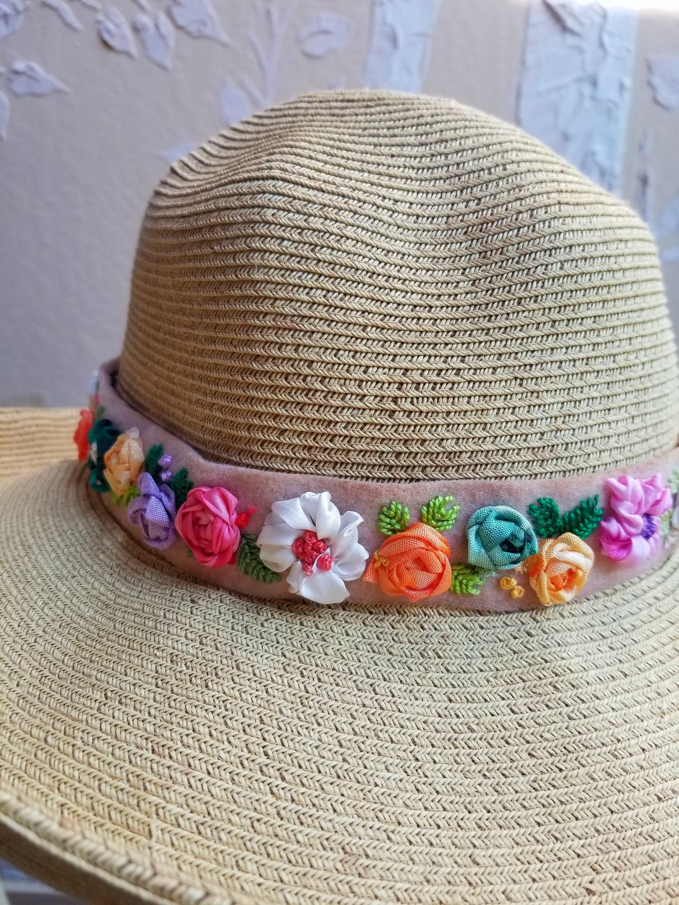 Embroidered Flower Hat Band With Hand Dyed Silk Ribbon - Etsy display picture 1