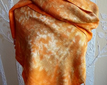 Hand Dyed Handwoven Rayon Challis Scarf in Bright Autumn Colors of Deep Orange, Warm Sand, Gold, Soft Rust