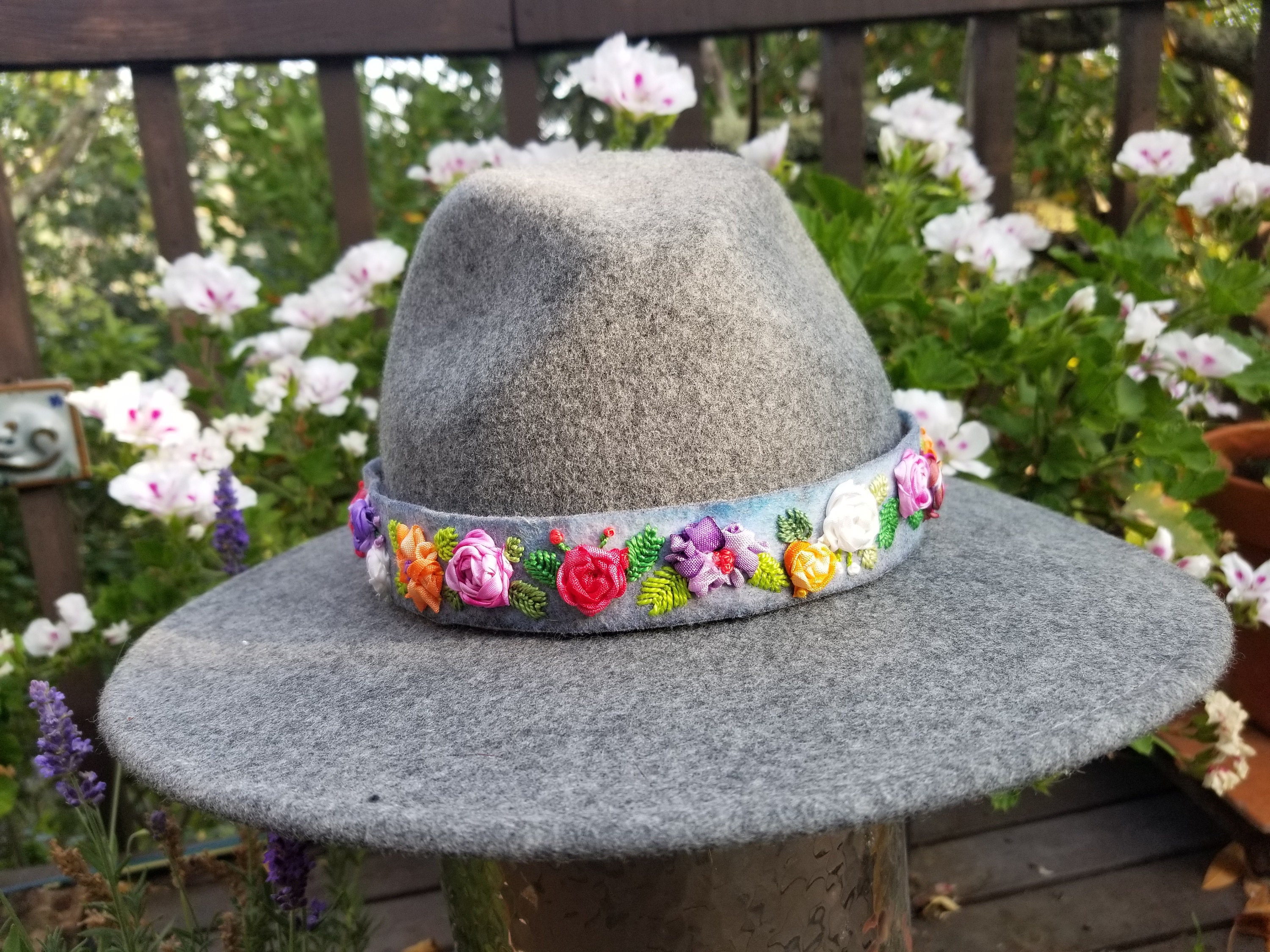 Embroidered Flower Hat Band With Hand Dyed Silk Ribbon - Etsy display picture 3