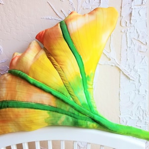Home Decor Soft Sculpture Hand Painted Silk Throw Pillow Ginkgo Leaf In Gold, Spring Green, Orange