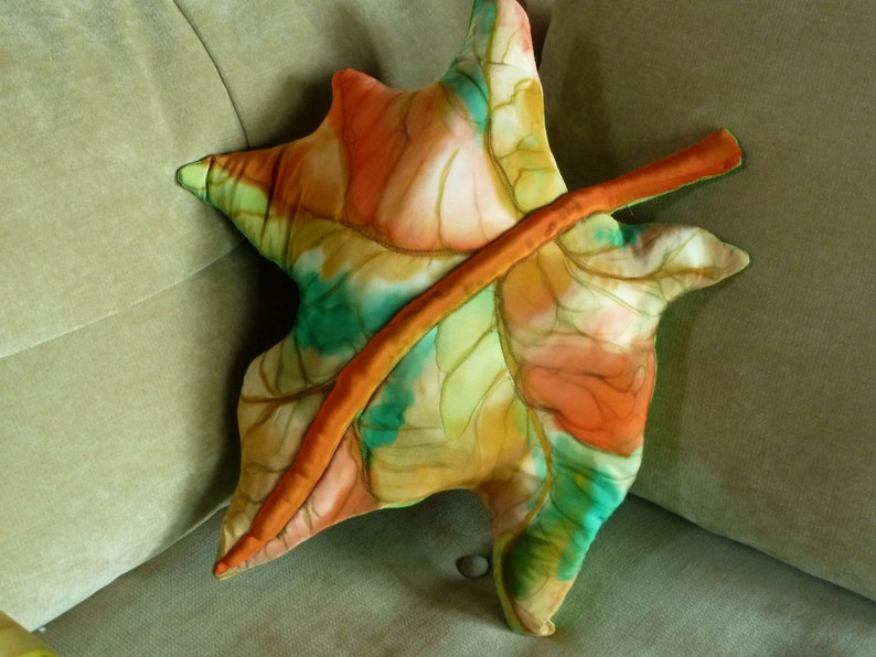 Fall Foliage Decorator Maple Leaf Throw Accent Pillow Hand Painted Silk in Autumn Colors of Pumpkin, Emerald Green, Lime Green, Orange image 5