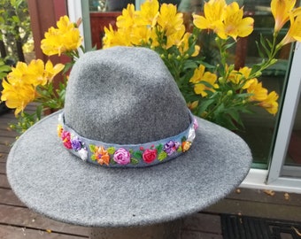 Embroidered flower hat band with hand dyed silk ribbon