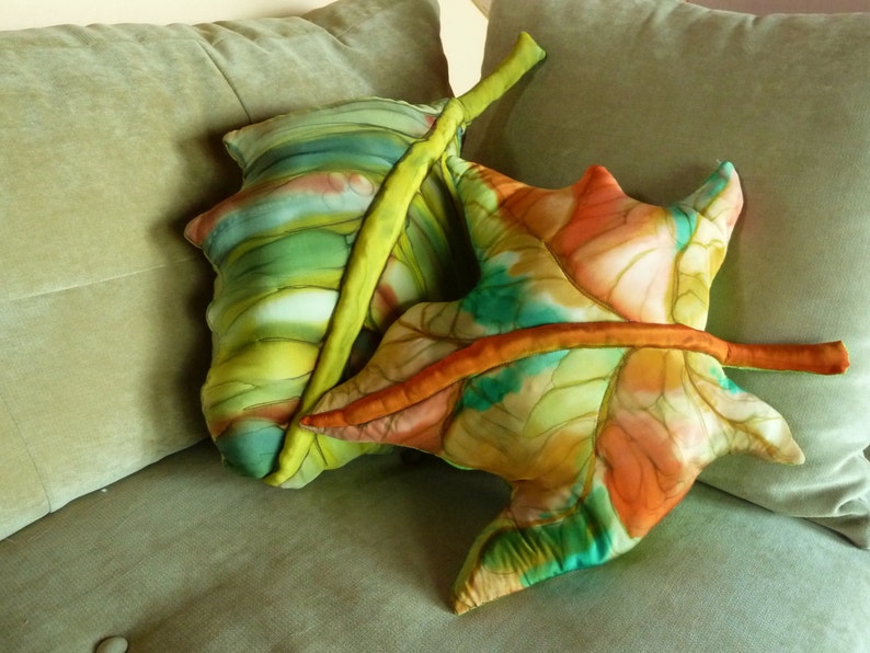 Fall Foliage Decorator Maple Leaf Throw Accent Pillow Hand Painted Silk in Autumn Colors of Pumpkin, Emerald Green, Lime Green, Orange image 2
