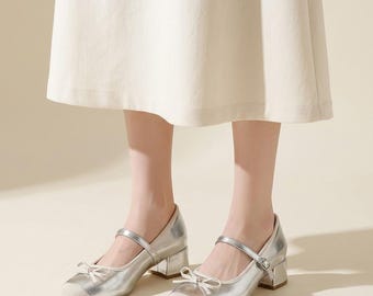 Vintage silverfärgade satin Mary Jane-skor, vit rosett, låga klackar, brudklänning