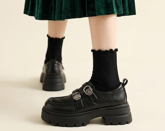 Zapatos Mary Jane retro con plataforma y doble hebilla, mocasines clásicos de cuero.