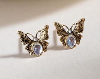 Vintage Butterfly Stud Earrings, Antique Bronze Moth Jewelry,  Fairy Core Earrings, Blue Moonstone Cabochon, Gift for Nature Lover
