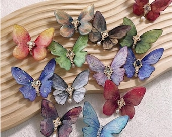 Handmade Resin Butterfly Hair Clip, Iridescent Fairy Wings, Bridal Headpiece, Pearl Accent