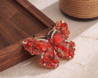 Red Crystal Butterfly Brooch, Vintage Style Victorian Pin, Ruby Red Winged Insect Jewelry, Statement Brooch for Women, Handmade Gift for Her