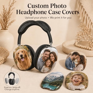 May include: Custom photo headphone case covers featuring a pair of black over-ear headphones with interchangeable magnetic shells. The shells display printed images of a golden retriever, a family, a mountain landscape, and a smiling child.