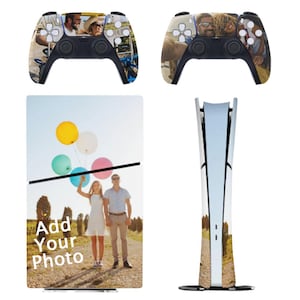 May include: Two black game controllers and a gaming console featuring custom photo skins. The skins display a couple holding colorful balloons with the text Add Your Photo printed on the console skin. The controllers show a couple in sunglasses.