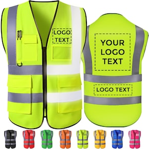 Könnte beinhalten: Leuchtend gelbe Sicherheitsweste mit reflektierenden silbernen Streifen. Sie verfügt über mehrere Taschen, einen Reißverschluss und den Text "LOGO TEXT" auf der Vorder- und Rückseite. Zusätzliche Farben werden unten angezeigt.