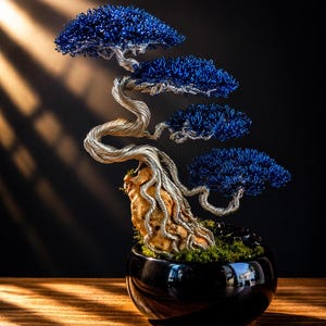 Large Midnight Blue Wire Bonsai Tree, Handmade Silver Copper Sculpture, Antique Japanese Pot, Zen Home Decor, Unique Gift