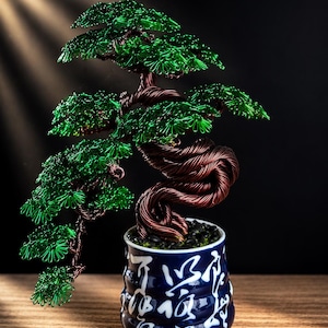 Escultura de bonsái de alambre grande, bonsái de cobre hecho a mano, maceta de cerámica japonesa, decoración zen para el hogar, regalo único