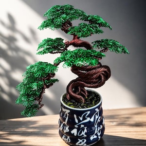 Escultura de árbol bonsái de alambre grande de 30 cm hecha a mano / Arte bonsái de metal verde / Maceta de cerámica japonesa / Decoración zen para el hogar / Regalo único y llamativo