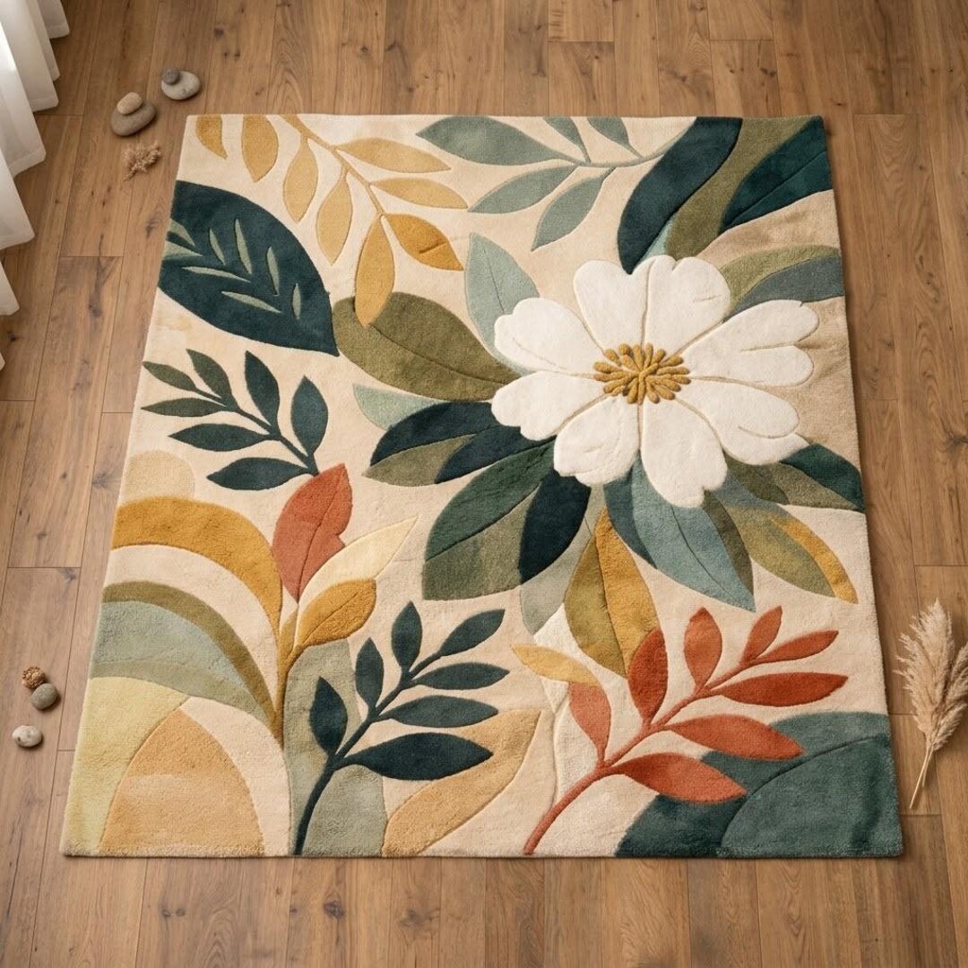 Leafy Handmade Rug Botanical Garden Handmade Tufted Area Rug – Multi-colour Floral & Leaf ...