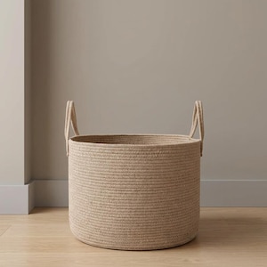 May include: A large, round woven basket in a neutral beige color. The basket has two sturdy handles and is made of thick, tightly woven rope. It sits on a light-colored wooden floor, with a neutral wall in the background.