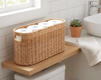 Handwoven Rattan Toilet Paper Storage Basket – Wicker Bathroom Organizer with Metal Frame