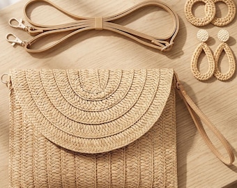 Handwoven Straw Clutch Purse for Women – Envelope Beach Bag with Rattan Earrings, Summer Crossbody