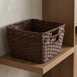 Wicker Storage Baskets - Plastic Woven with Iron Frame, Stackable, for Shelves & Toilet Paper