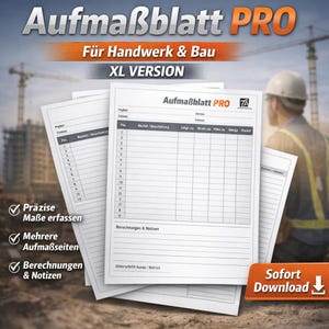 Könnte beinhalten: Mehrere weiße Formulare mit der Aufschrift "Aufmaßblatt PRO", "Für Handwerk & Bau" und "XL VERSION". Die Formulare haben Spalten für Maße und Notizen, mit einer Baustelle im Hintergrund.