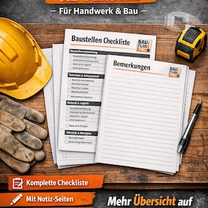 Könnte beinhalten: Eine Baucheckliste mit dem Titel "Baustellen Checkliste PRO XL VERSION" mit einem gelben Helm, Arbeitshandschuhen und einem Maßband. Das Bild enthält Checklisten, Notizseiten und den Text "Komplette Checkliste", "Mit Notiz-Seiten" und "Sofort Download".
