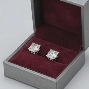 Brincos de Ouro Branco 14K com Diamantes Sintéticos Lapidados em Corte Neo Asscher | Solitários Minimalistas de Alta Moda com Aro Fino e 3,75ct | Número de Série 14R272