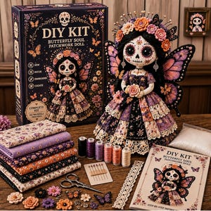 Peut inclure: Un kit de bricolage pour une poupée en patchwork Butterfly Soul comprenant une poupée finie au visage orné d'un crâne, une couronne florale et des ailes de papillon. Le kit inclut des tissus, du fil, des aiguilles, de la dentelle et un livret.