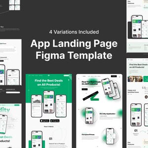 May include: A digital design showcasing an app landing page Figma template. The design includes multiple smartphone mockups displaying product deals, with the text "Find the Best Deals on All Products!" and "4 Variations Included."