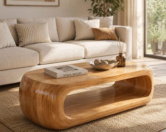 Modern Solid Wood Curved Coffee Table – Minimalist Oval Loop Design with Open Shelf – Handcrafted Sculptural Living Room Table