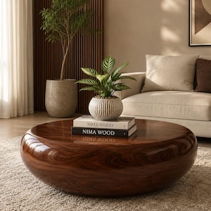 Mesa de centro redonda de madera maciza, mesa baja estilo Japandi, muebles minimalistas para sala de estar, mesa de centro de madera natural hecha a mano.
