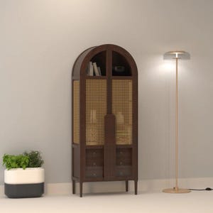 May include: A tall, dark brown wooden cabinet with an arched top, featuring two doors with woven cane panels, four small drawers at the bottom, and open shelving at the top. Beside it stands a slender floor lamp with a gold base and a glass shade.