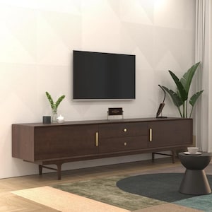 Mueble para TV de estilo moderno de mediados de siglo, consola multimedia de madera de nogal, centro de entretenimiento minimalista, mueble largo de madera para TV, muebles para sala de estar