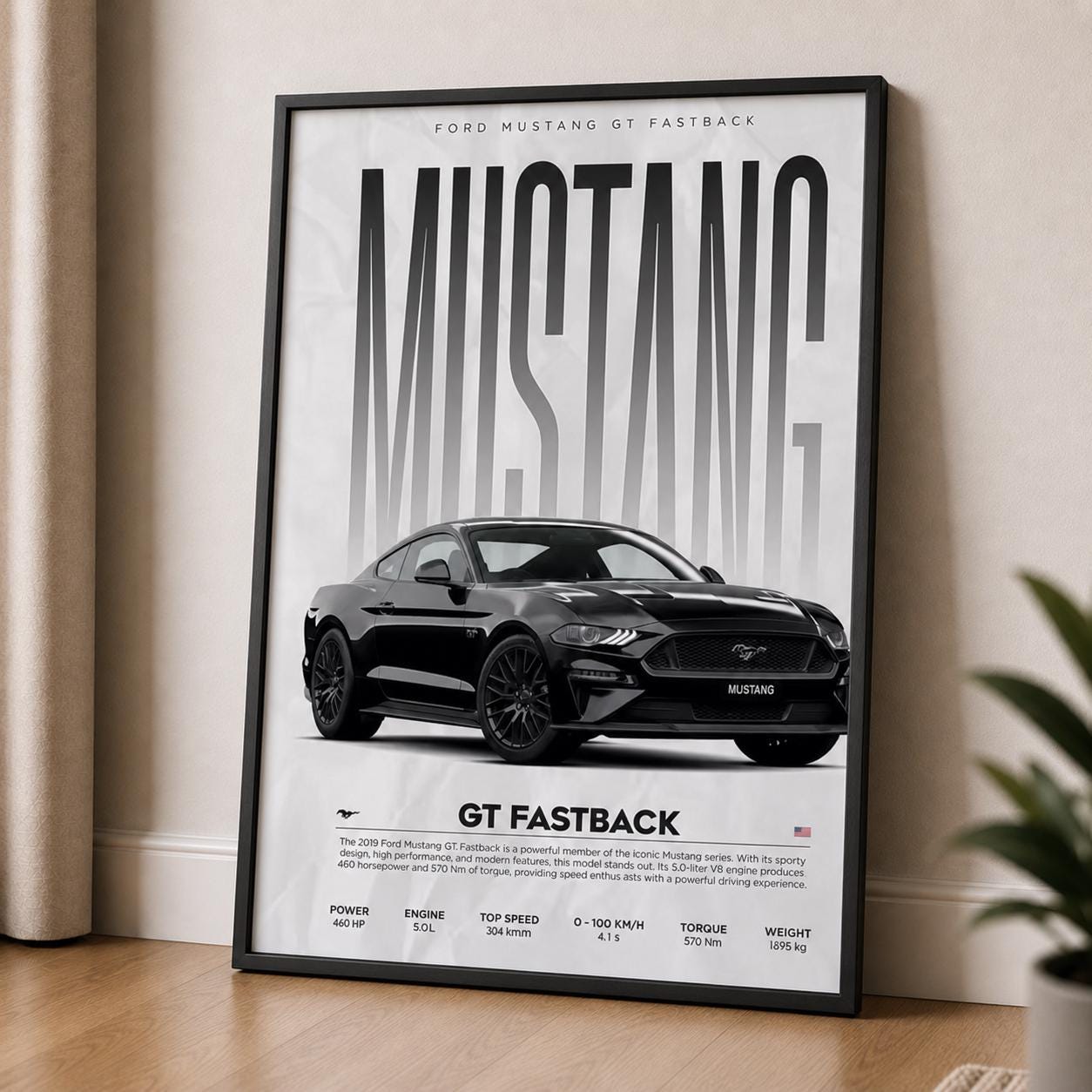 Ford Mustang Poster GT Fastback Wall Art Car Print Minimalist ...