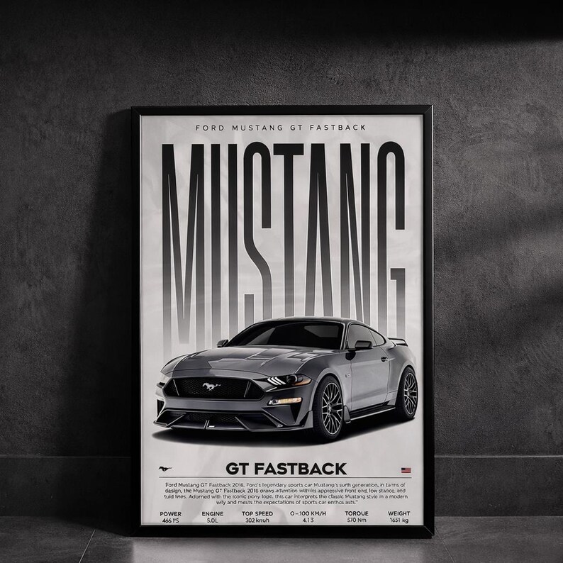 Ford Mustang Poster GT Fastback Wall Art Minimalist Car Print ...