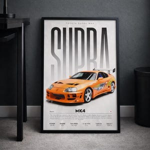 Toyota Supra MK4 Poster JDM Wall Art Orange Racing Print Garage Office Decor