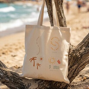 Minimal Beach Tote Bag | Palm Trees Sun Wave Summer