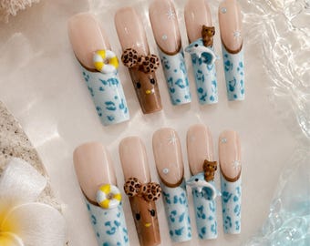 Blaue Leopard Rohrform Drücken Sie auf die Nägel | Strand Urlaub Fake Nägel | Sommer Pool Party Nägel | 3D Charm Nägel | Süße Tier Krallen