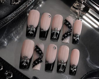 Heavy Metal Press On Nails | Black Silver Fake Nails | Goth Cross Nails | Rock Concert Nails | Chrome Punk Nails