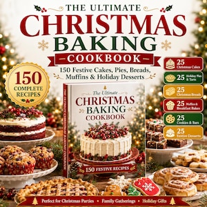 Puede incluir: Un libro de cocina titulado The Ultimate Christmas Baking Cookbook con un pastel blanco cubierto de bayas rojas en la portada. El libro está rodeado de varios productos horneados, incluyendo un pastel red velvet, muffins y una tarta.