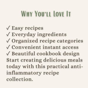 Puede incluir: Un gr&aacute;fico informativo de color claro con texto en verde oscuro que dice Why You'll Love It, seguido de una lista de puntos marcados: Easy recipes, Everyday ingredients, Organized recipe categories, Convenient instant access y Beautiful cookbook design.