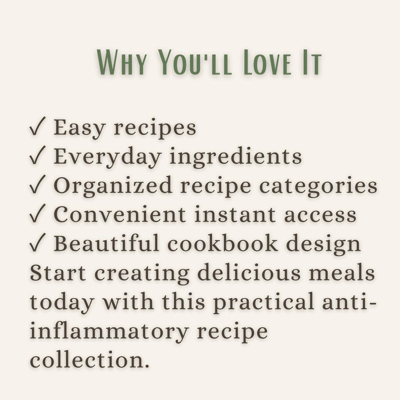 Puede incluir: Un gr&aacute;fico informativo de color claro con texto en verde oscuro que dice Why You'll Love It, seguido de una lista de puntos marcados: Easy recipes, Everyday ingredients, Organized recipe categories, Convenient instant access y Beautiful cookbook design.