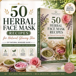 May include: A digital guide titled 50 Herbal Face Mask Recipes for Natural Glowing Skin. The cover features a book with floral illustrations, bowls of green powder and pink petals, and text detailing DIY natural skincare and PDF ebook features.